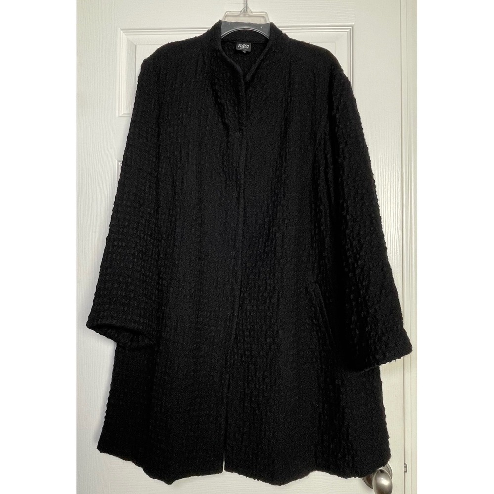 Eileen Fisher Vintage Black Textured Wool Blend Mock Neck Button Coat Fits L/XL